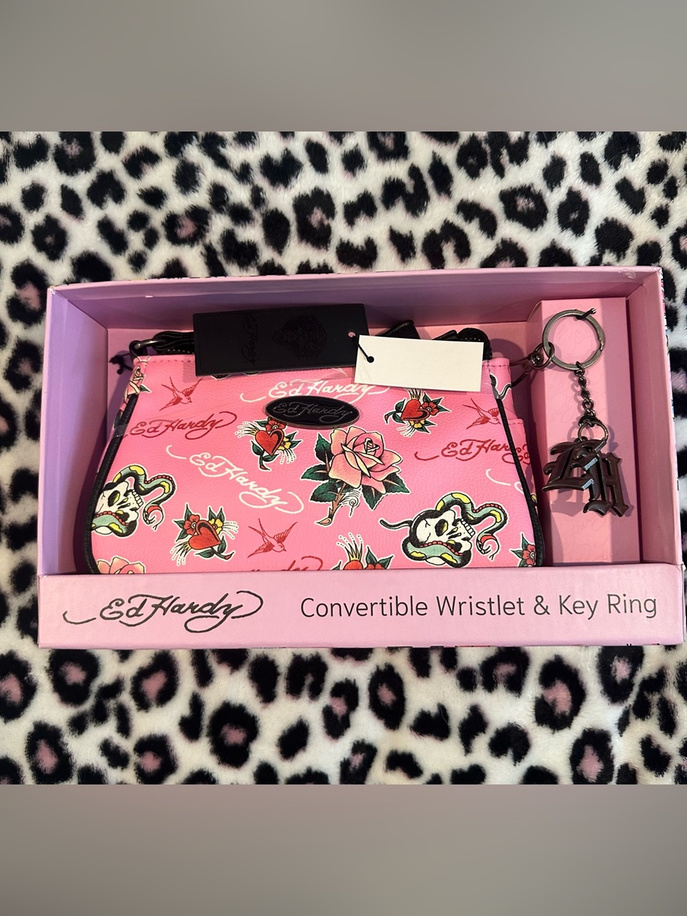 Ed Hardy Convertible Wristlet & Keychain Set New